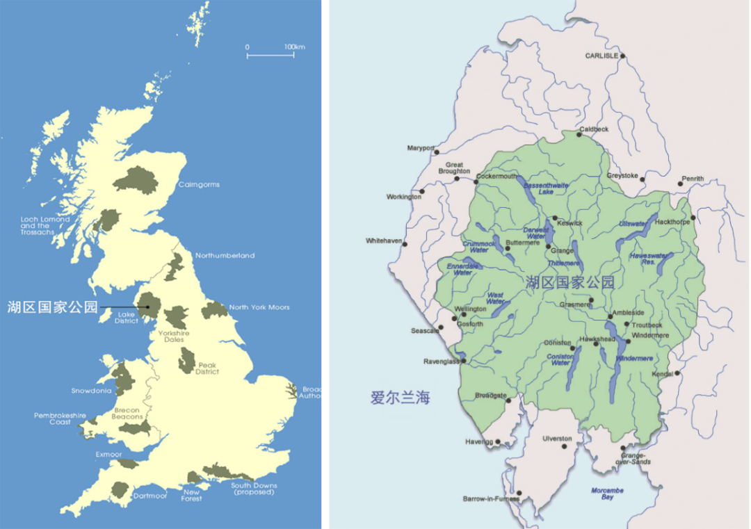 湖区在英国的位置以及主要城镇和湖泊示意图
